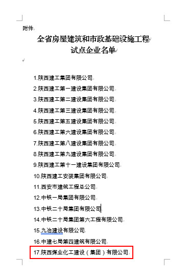 陜煤建設(shè)集團(tuán)入選全省房屋建筑和市政基礎(chǔ)設(shè)施工程總承包試點企業(yè)